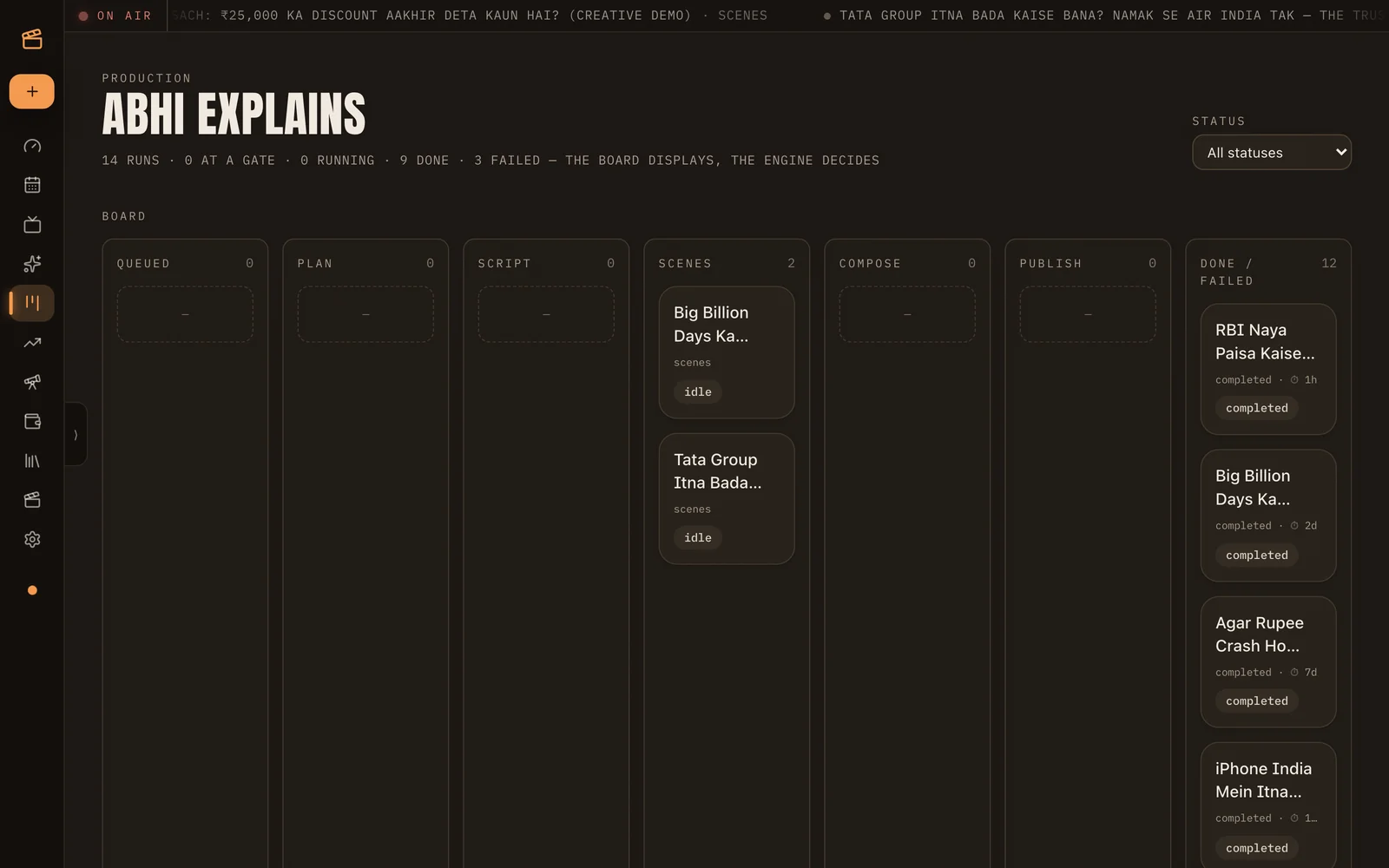Production board with episodes in plan, script, scenes, compose and publish columns.